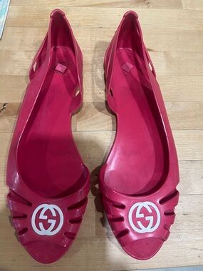 Gucci Pink Jelly Logo Peep-Toe Flats